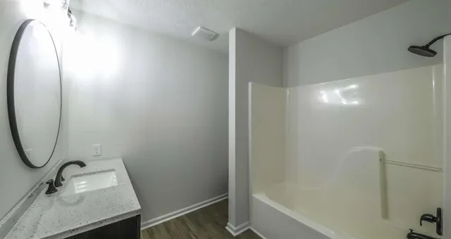 a bathroom with a sink a vanity and mirror