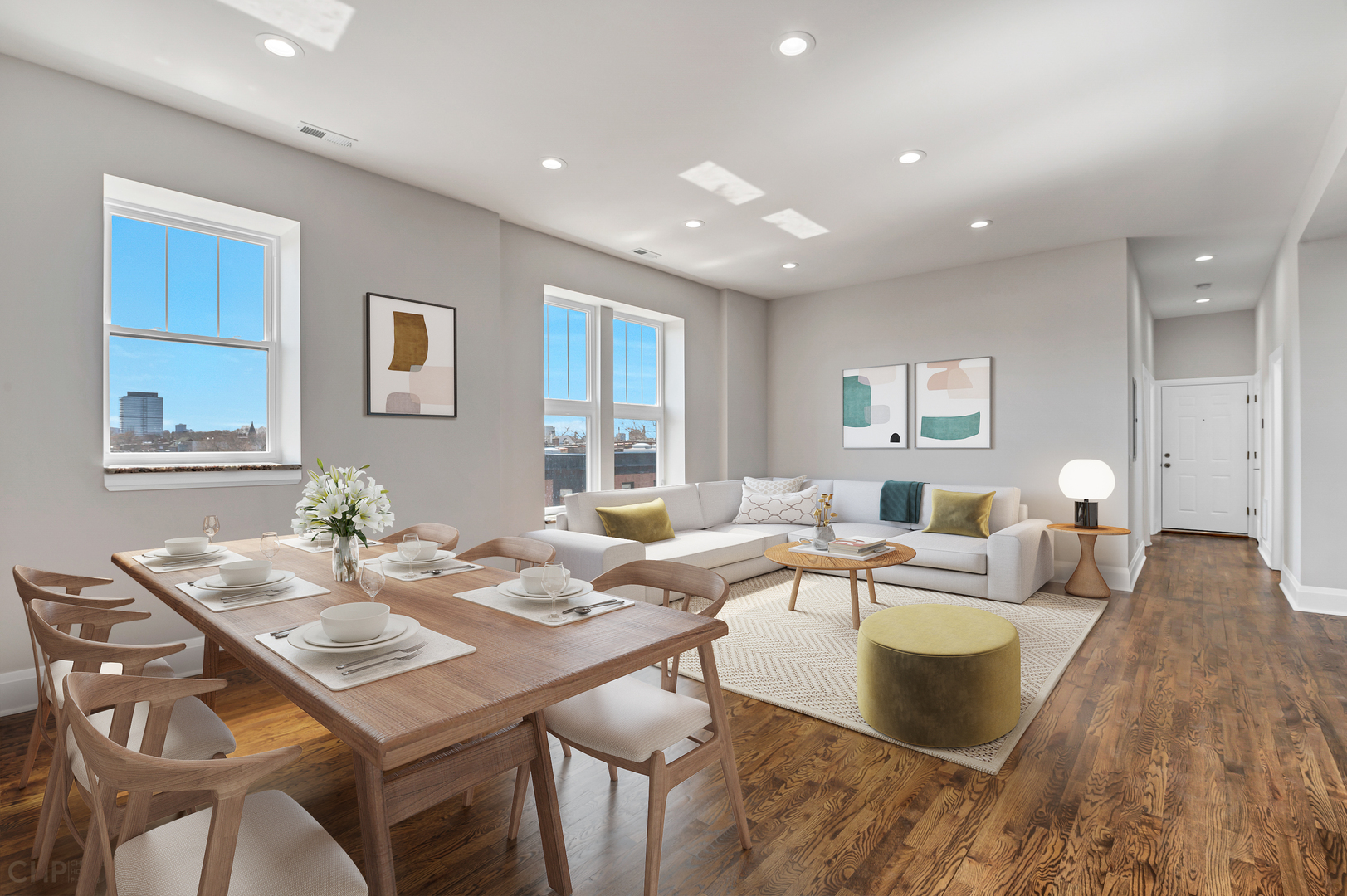 2100 North Halsted Street, Unit 4R Chicago, IL 60614 - Photo 24 of 26 a living room with kitchen island furniture and a wooden floor