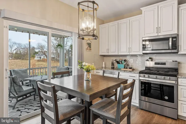 a view of a dining room with furniture window and outside view
