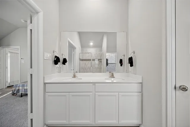 a bathroom with a sink double vanity and a mirror