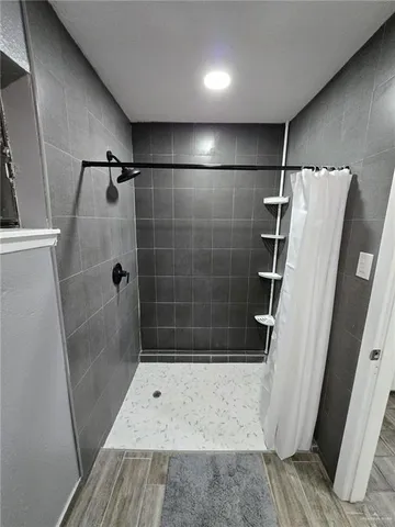 a bathroom with a shower and a toilet