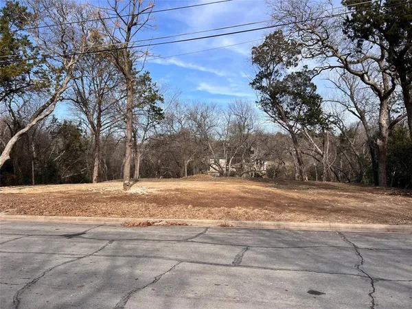 a view of a yard with large trees