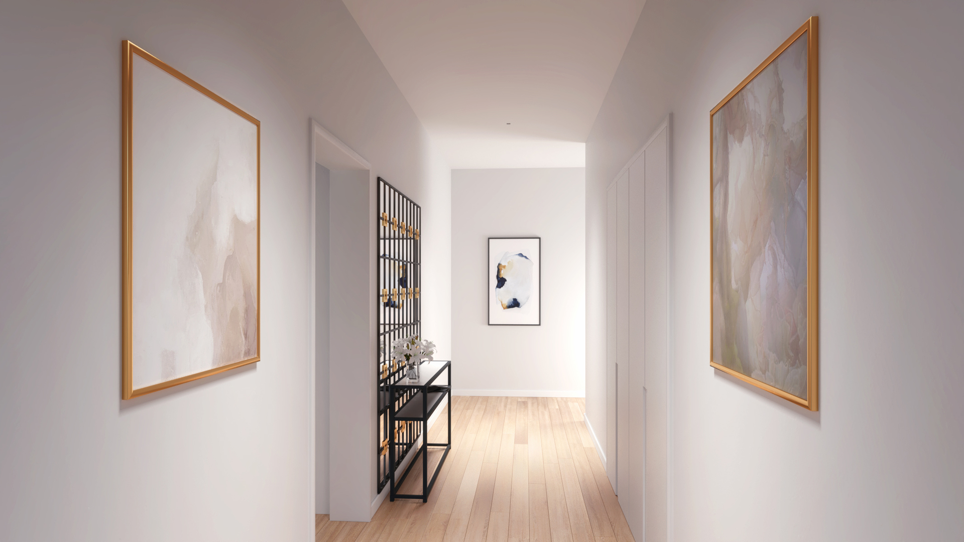 1400 West Monroe Street, Unit 7D Chicago, IL 60607 - Photo 4 of 17 a view of a hallway with wooden floor and a bathroom