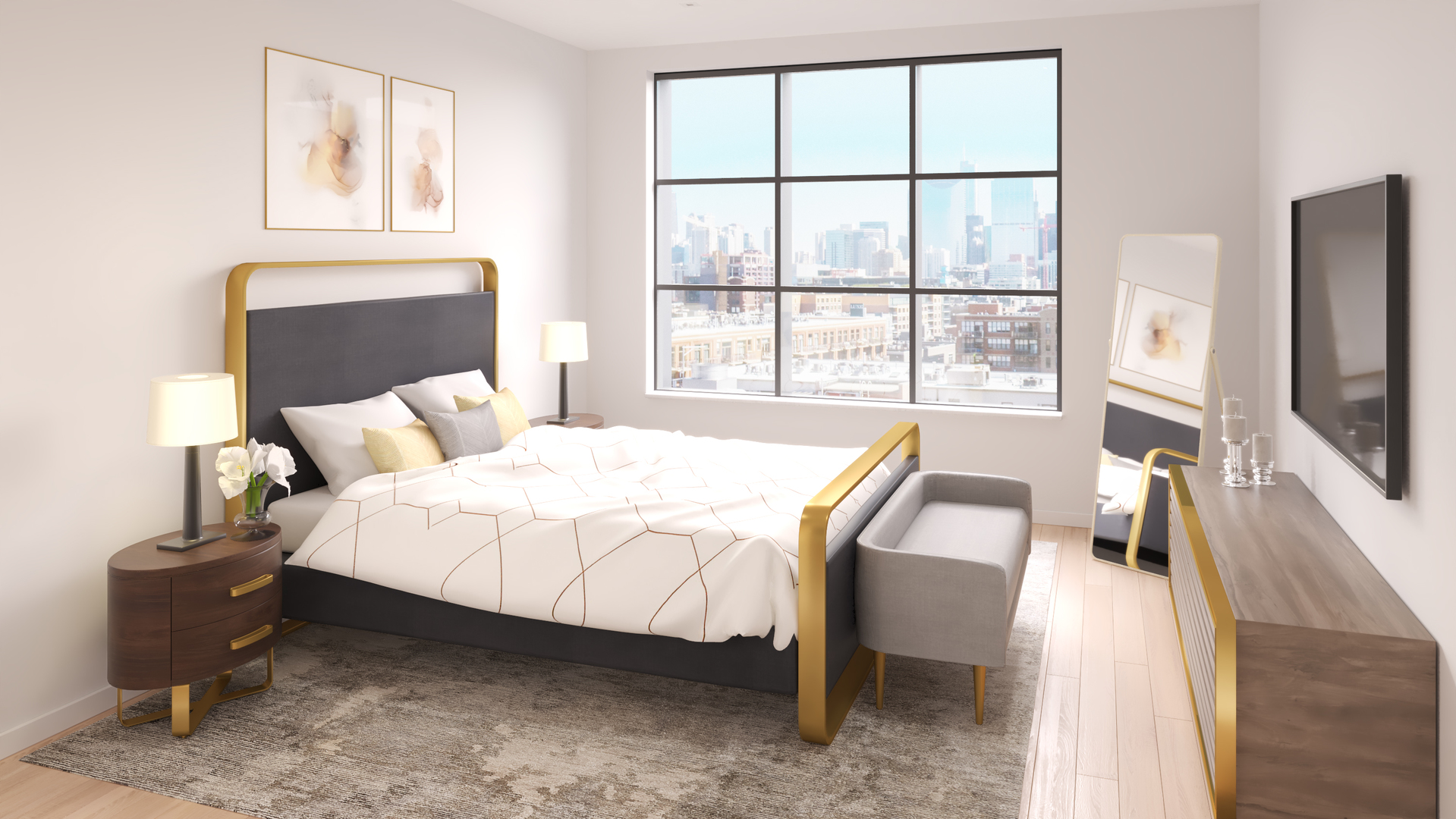 1400 West Monroe Street, Unit 7D Chicago, IL 60607 - Photo 9 of 17 a bedroom with a bed and a flat tv screen on the table