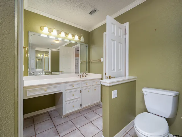 a bathroom with a granite countertop toilet sink and mirror