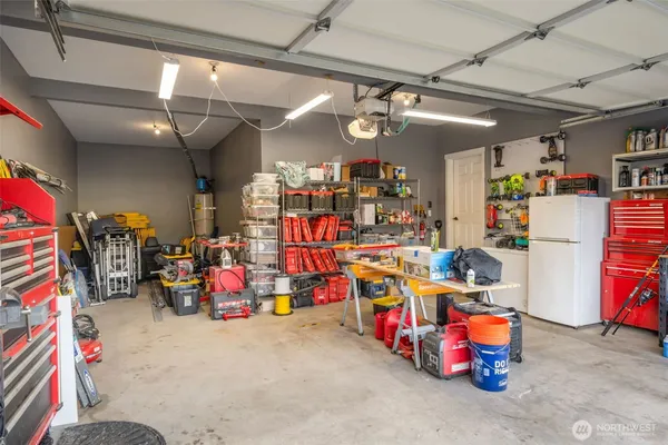 a view of a garage with racks