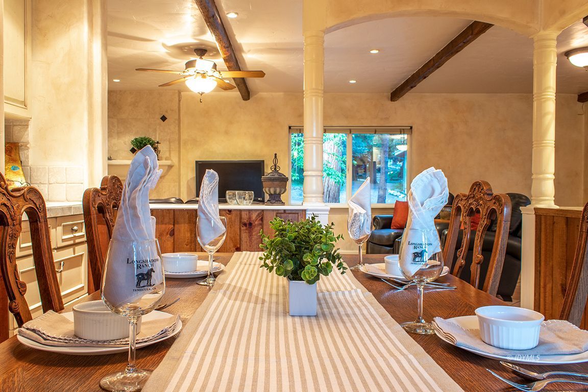 25341 Tahquitz Road Idyllwild, CA 92549 - Photo 23 of 56 a view of a dining room with furniture one side kitchen view and wooden floor