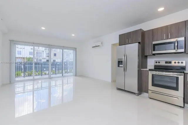 a kitchen with stainless steel appliances a refrigerator and a stove top oven