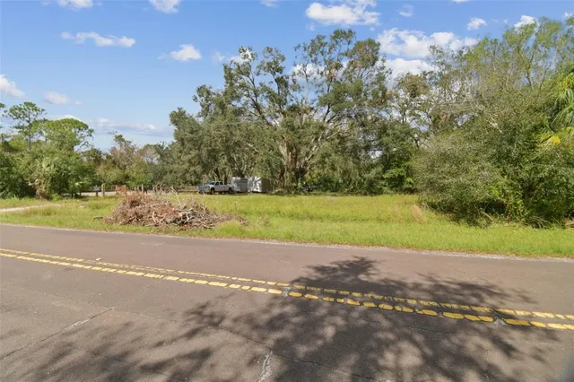 a view of a field with trees in the background