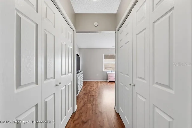 a view of a hallway with a wooden door