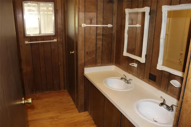 a bathroom with a sink and mirror