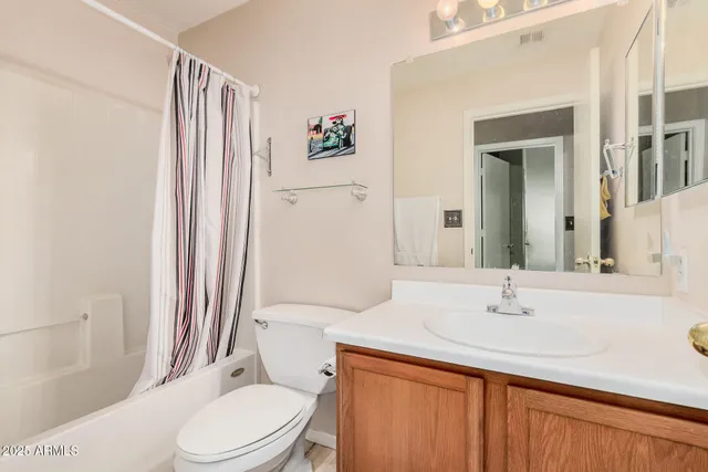 a bathroom with a sink a toilet and shower curtain