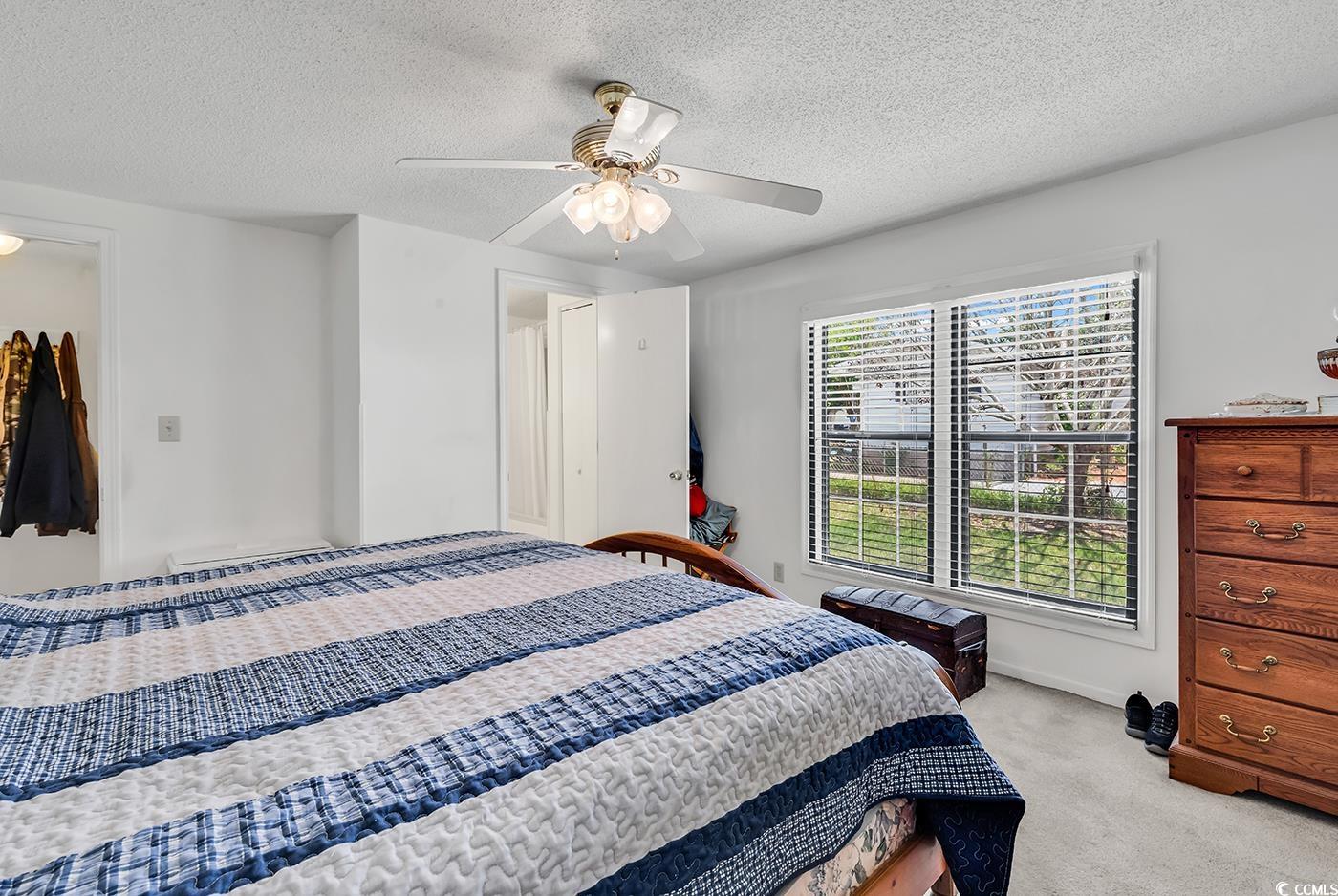 449 Rainbow Drive Murrells Inlet, SC 29576 - Photo 20 of 33 Bedroom with carpet floors, a textured ceiling, and a ceiling fan