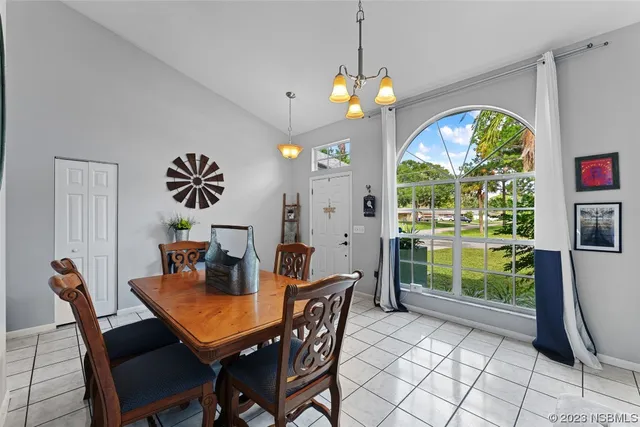 a view of a dining room with furniture window and outside view