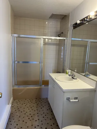 a bathroom with a sink a mirror and a shower