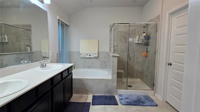 a bathroom with a shower a sink and a mirror