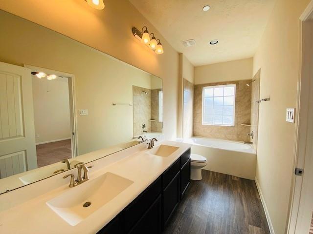 a bathroom with a tub sink double vanity and a mirror