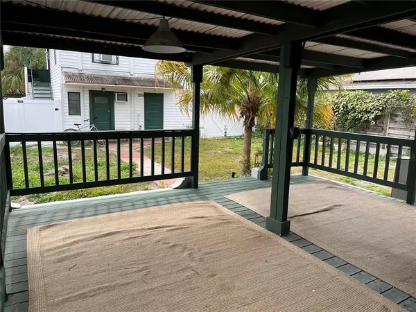 a view of a building from a porch