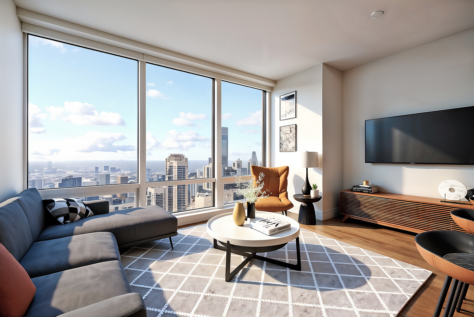 401 North Wabash Avenue, Unit 42E Chicago, IL 60611 - Photo 4 of 55 a living room with furniture and a flat screen tv