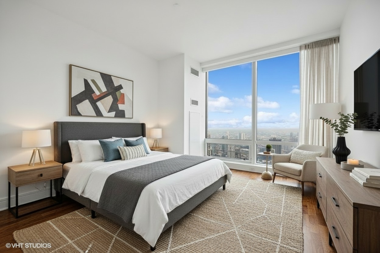 401 North Wabash Avenue, Unit 42E Chicago, IL 60611 - Photo 7 of 55 a spacious bedroom with a bed and a flat screen tv