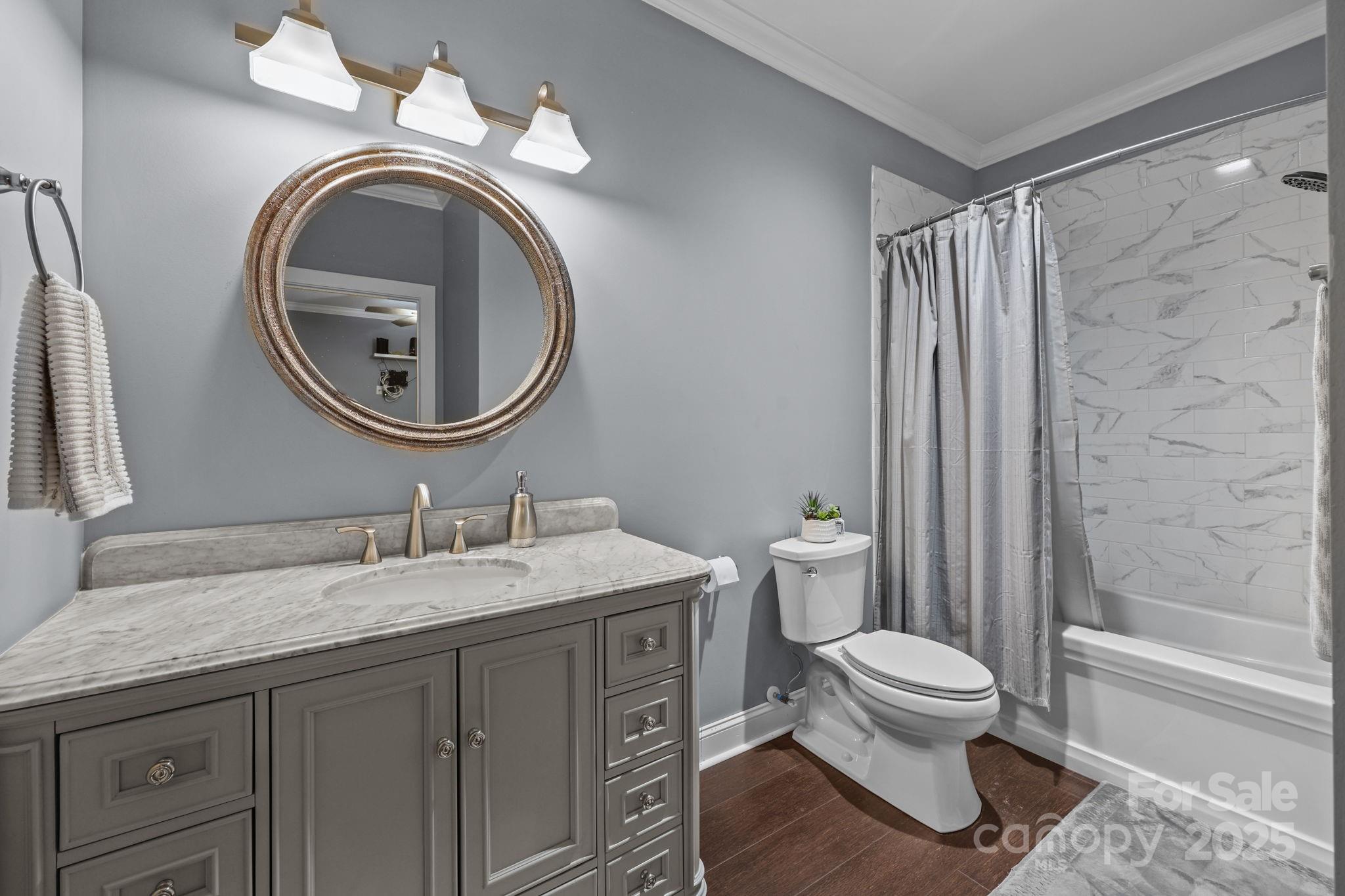 27040 Crepts Branch Road Locust, NC 28097 - Photo 37 of 48 a bathroom with a granite countertop toilet sink and mirror