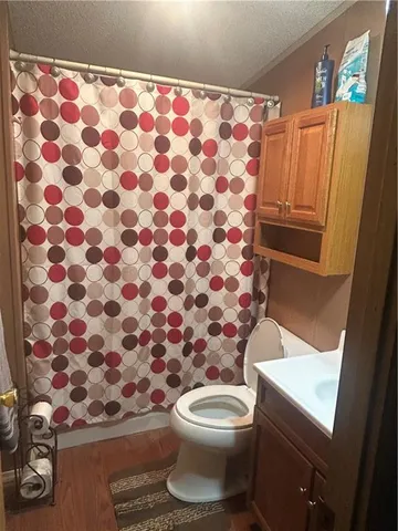 a bathroom with a toilet and a shower curtain