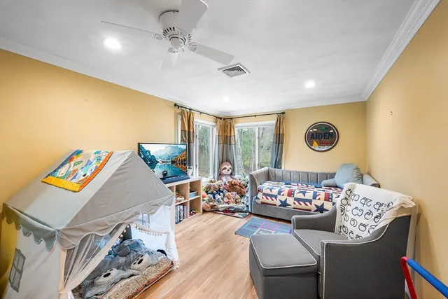 a living room with furniture and a table