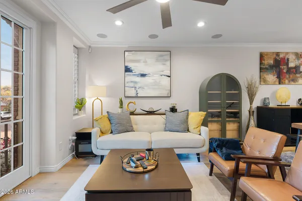 a view of a dining room with furniture window and outside view