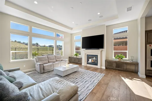 a living room with furniture a fireplace and a flat screen tv