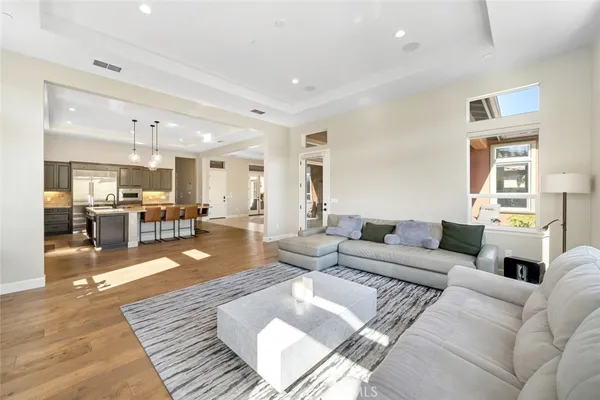 a living room with furniture or kitchen view and a wooden floor