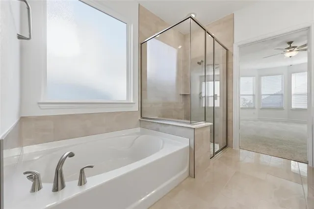 a bathroom with a bathtub and a shower