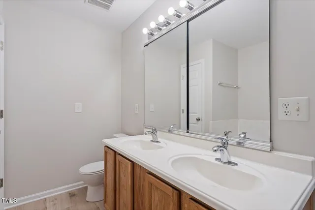 a bathroom with a sink a toilet and a mirror