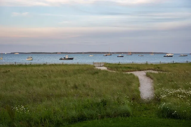 an aerial view of beach and yard