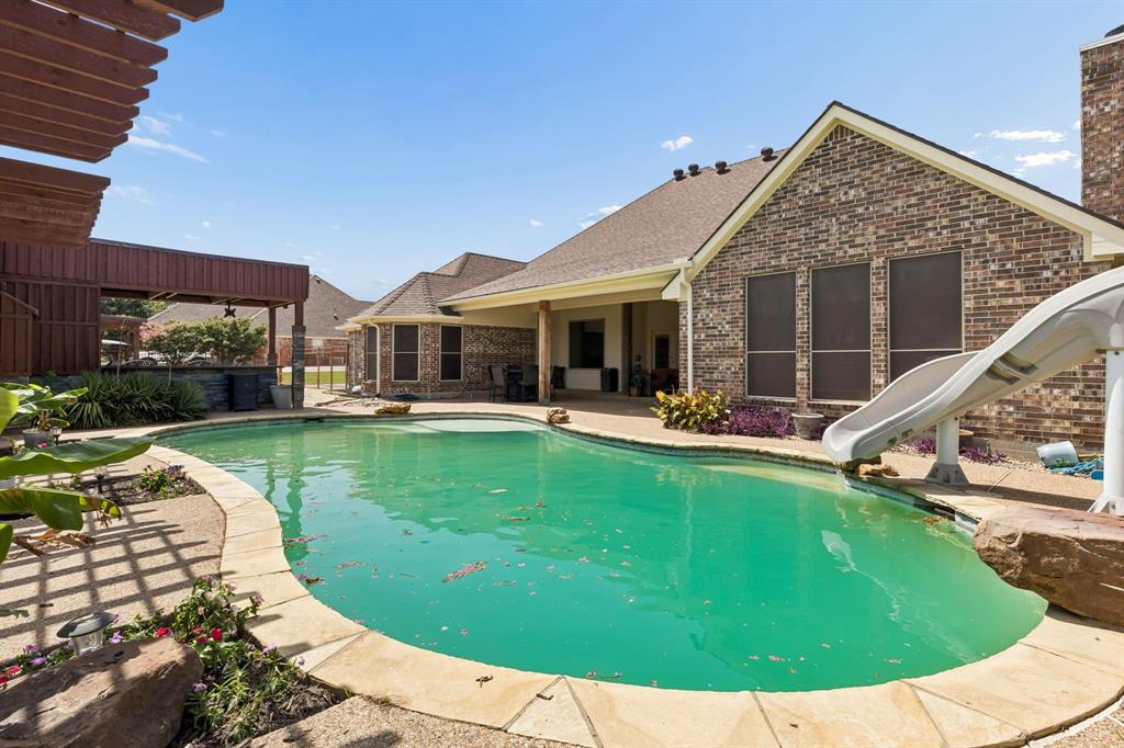317 Singing Quail Trail Haslet, TX 76052 - Photo 29 of 32 Curved swimming pool with stone coping, an attached slide, and a nearby outdoor pergola structure