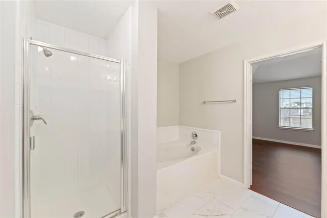 a bathroom with a bathtub and a shower