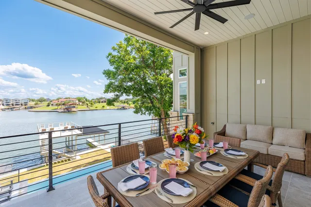 a outdoor dining space with furniture