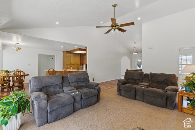 151 South Haulage Road Eureka, UT 84628 - Photo 10 of 36 Living area with a ceiling fan, high vaulted ceiling, recessed lighting, and arched walkways