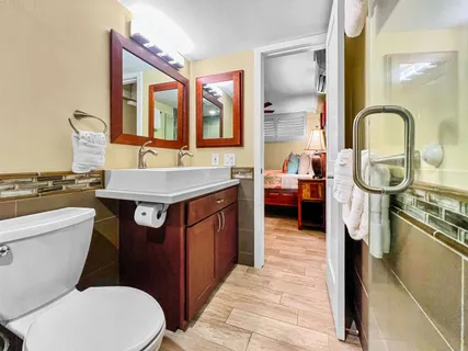 a bathroom with a sink a toilet and a mirror