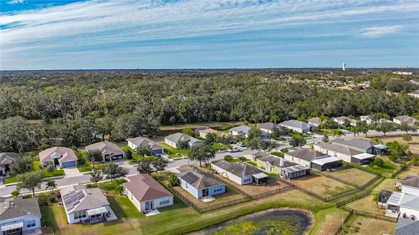 an aerial view of a house with a swimming pool