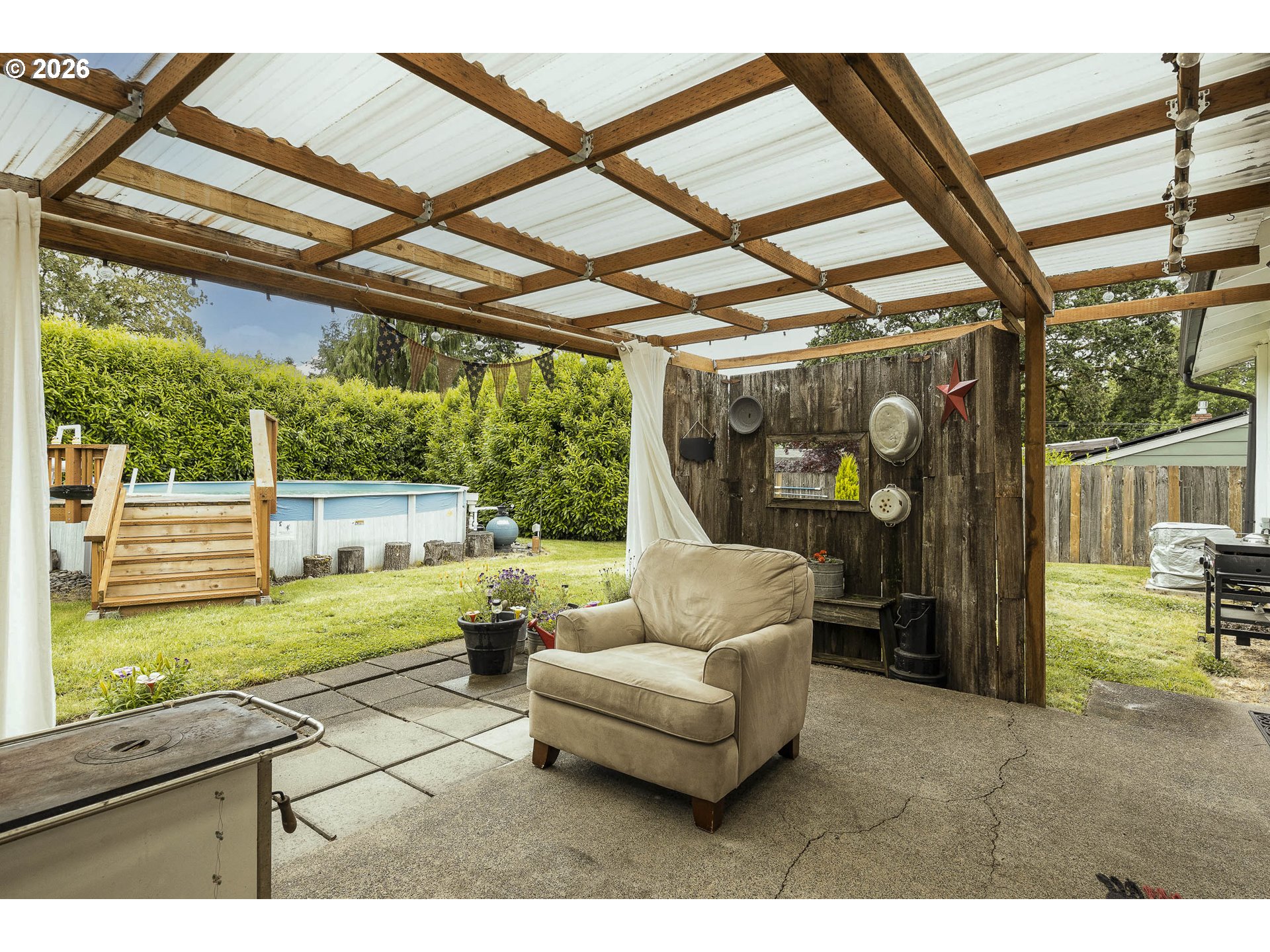18430 Southwest Broad Oak Boulevard Aloha, OR 97007 - Photo 26 of 32 a living room with patio furniture and a fireplace