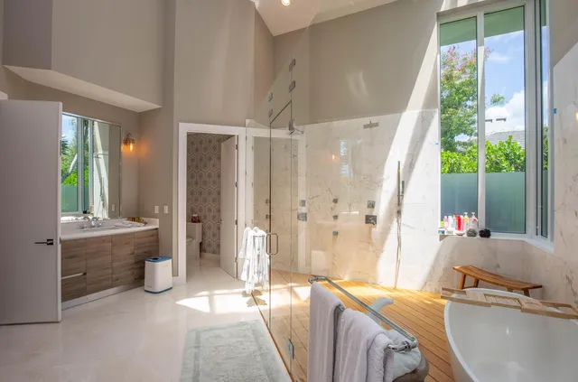 an aerial view of a house with a yard and a large tree