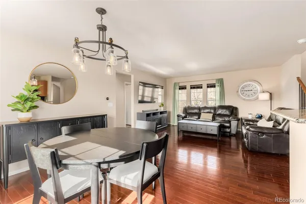 a view of a dining room with furniture window and wooden floor