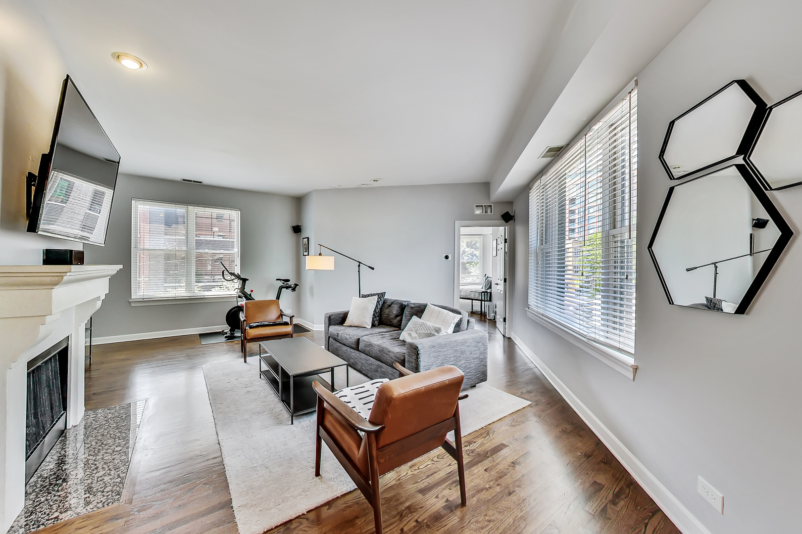 845 West Altgeld Street, Unit 2A Chicago, IL 60614 - Photo 5 of 24 a living room with furniture a fireplace and a flat screen tv