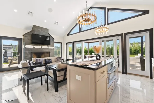 a kitchen with a stove and a clock