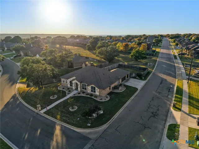 an aerial view of a swimming pool
