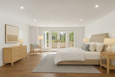 a bedroom with a large bed and a window