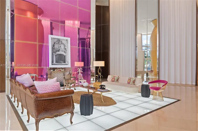 a view of a dining room with furniture and window