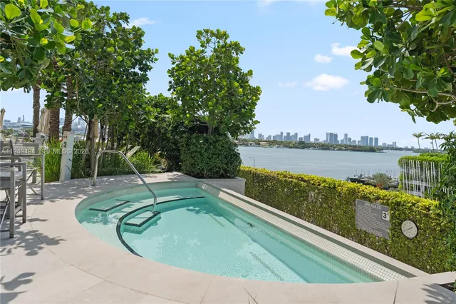 a view of a swimming pool with a lake and trees in the background