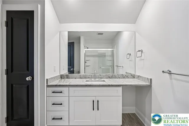 a bathroom with a sink and a mirror