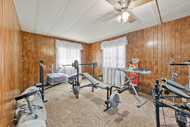 49 600 North Hurricane, UT 84737 - Photo 12 of 33 Exercise room featuring carpet flooring, wood walls, a ceiling fan, and a textured ceiling